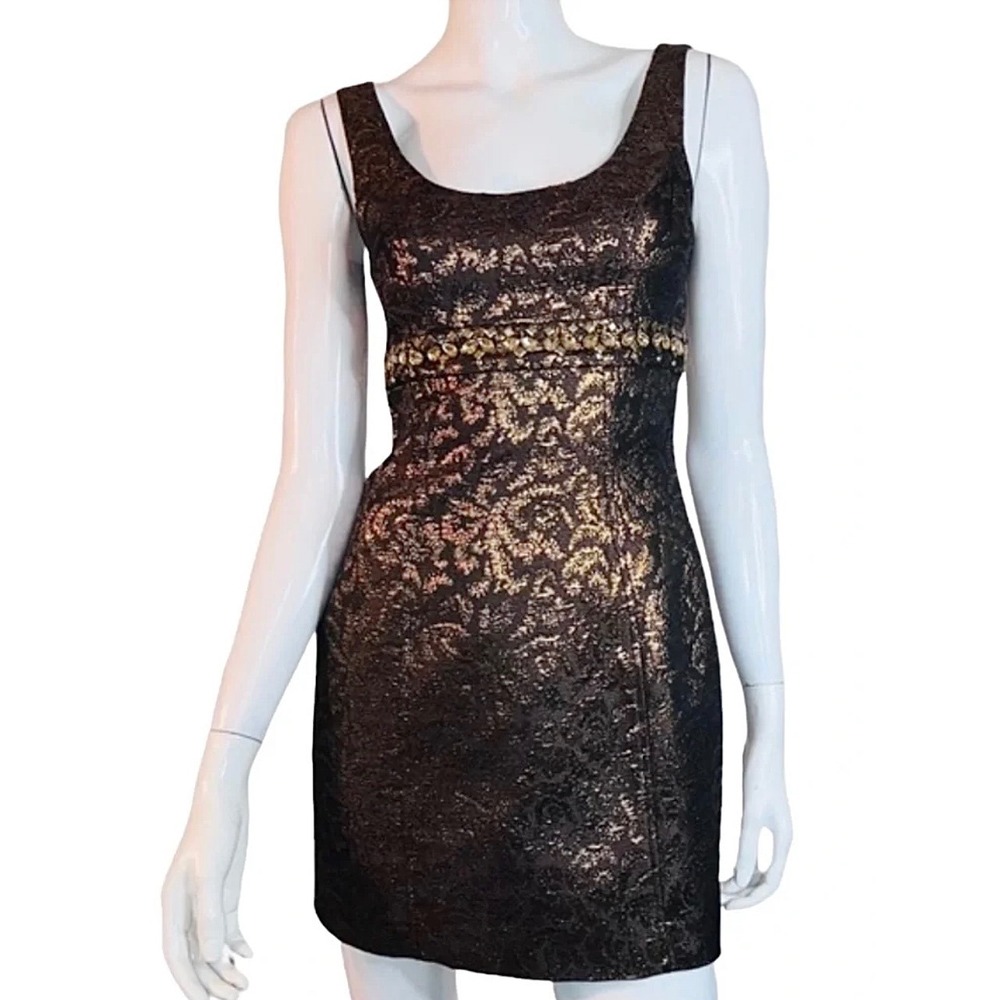 Laundry by Shelli Segal Bronze Metallic Floral Brocade Embellished Mini Dress 0